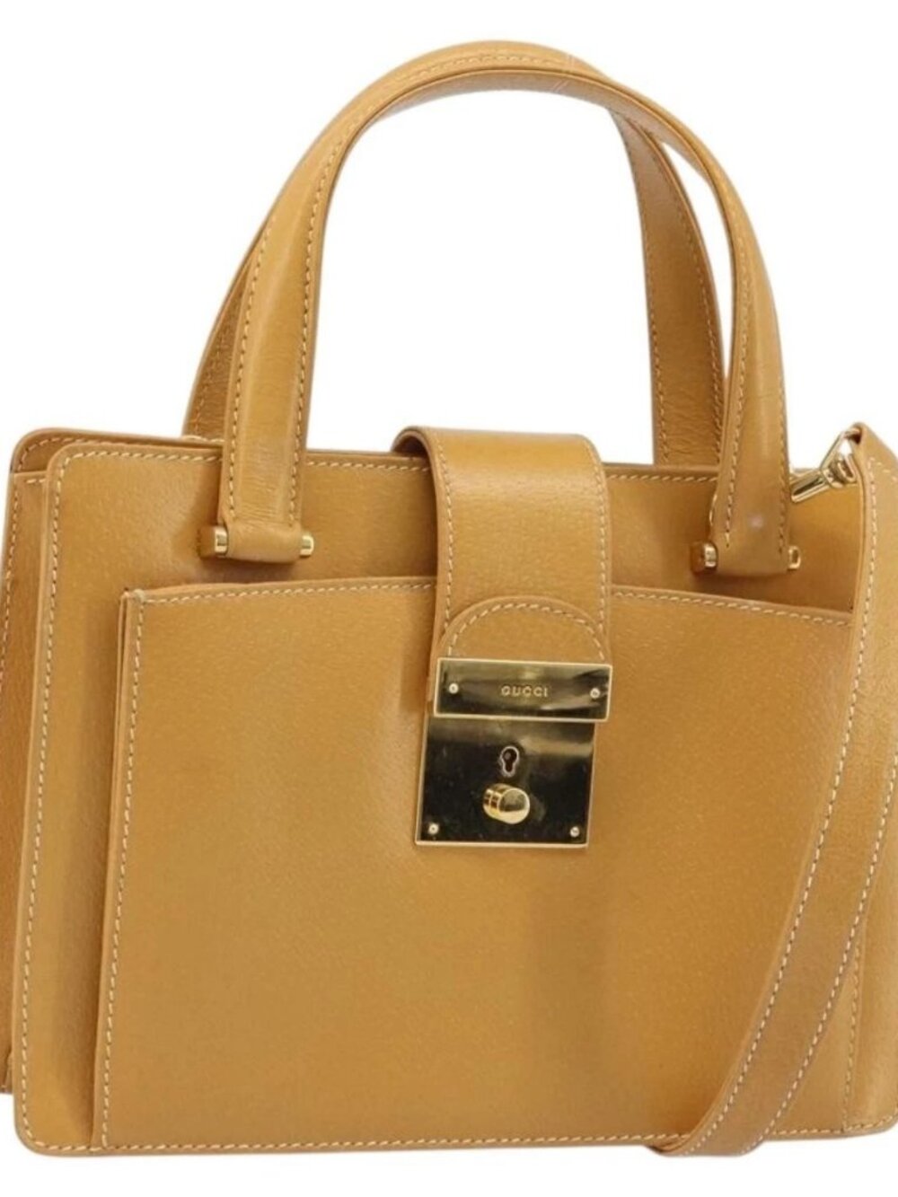 GUCCI Hand Bag Leather 2way Beige Gold Auth
